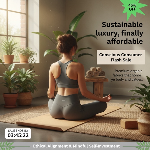 A high-end, calm yoga leggings ad featuring a clean, minimalist aesthetic with a clear 45% discount value proposition.
